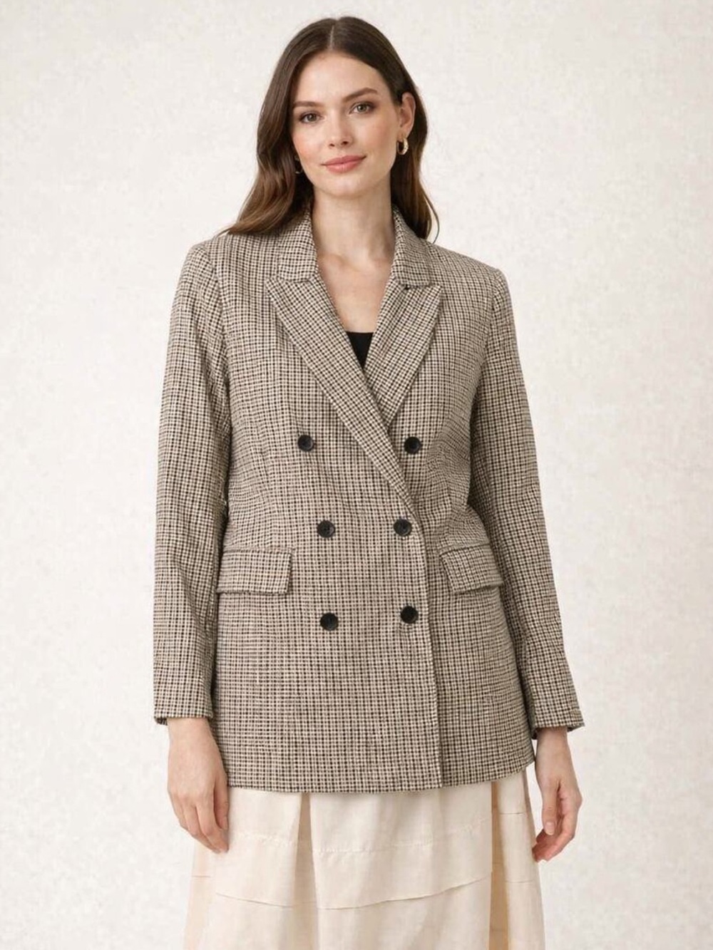 Joie Houndstooth Double Breasted Blazer Brown Tan Large